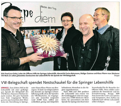 Nestschaukel für die Springer Lebenshilfe - NP Artikel vom 20.11.2013