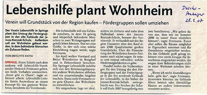 Lebenshilfe plant Wohnheim - Deister Anzeiger Artikel vom 28.03.2007