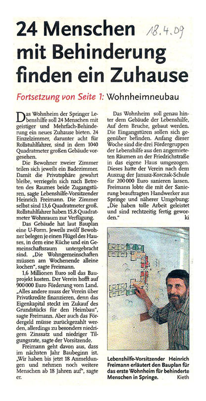 24 Menschen mit Behinderung finden ein Zuhause - NDZ Artikel vom 18.04.2009