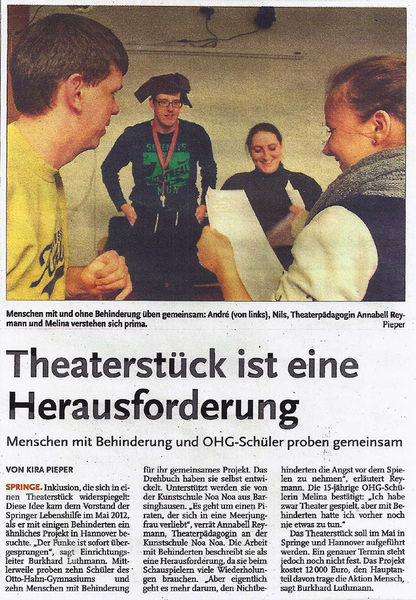 Theaterstück ist eine Herausforderung - Deister Anzeiger Artikel vom 27.02.2013