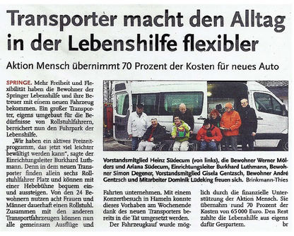 Transporter macht den Alltag in der Lebenshilfe flexibler - Deister Anzeiger Artikel vom 11.03.2013