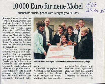 10.000 Euro für die Lebenshilfe - NDZ Artikel vom 20.11.2015