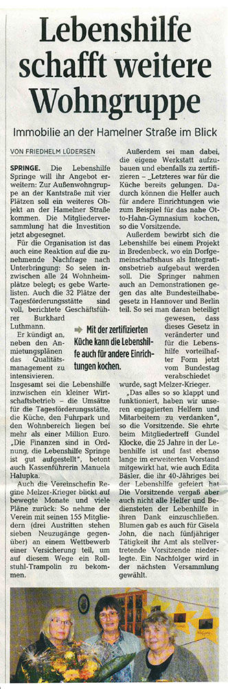 Lebenshilfe schafft weitere Wohngruppe - NDZ Artikel vom 06.12.2016