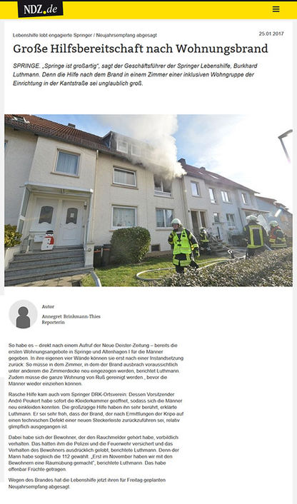 Große Hilfsbereitschaft nach Wohnungsbrand - NDZ Artikel vom 25.01.2017
