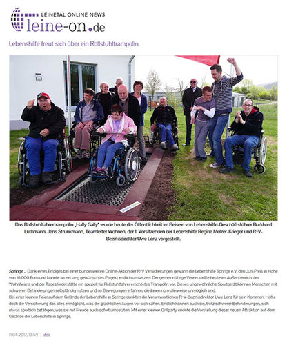 Lebenshilfe freut sich über ein Rollstuhltrampolin - Leinetal Online News Artikel vom 11.04.2017
