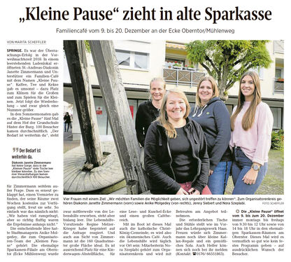 "Kleine Pause" zieht in alte Sparkasse - Neue Deister-Zeitung vom 16.11.2019